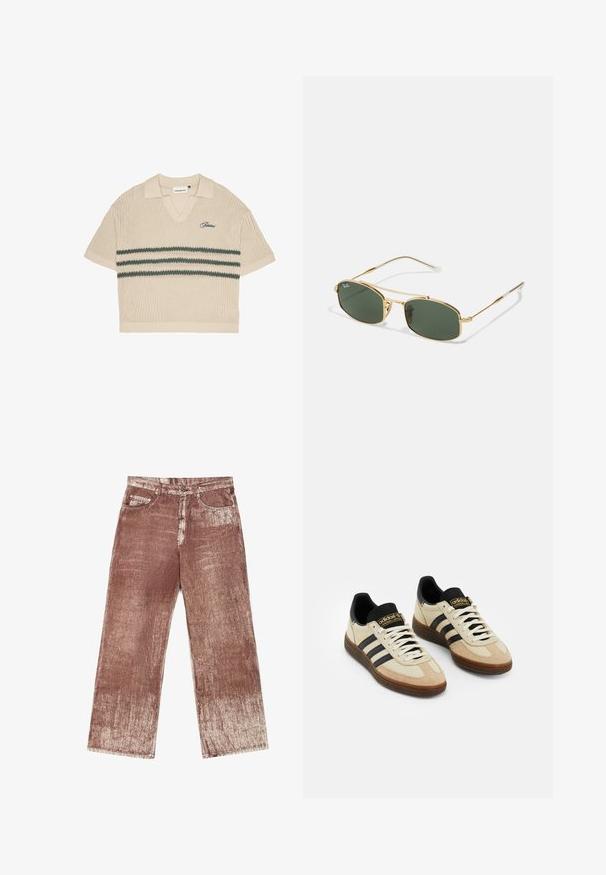 Camisa polo de punto beige con escote en V, mangas cortas y rayas verdes en el pecho. Presenta un logo bordado en azul.; Los pantalones vaqueros de denim marrón presentan un diseño texturizado en degradado con decoloración más clara. Incluyen cuatro bolsillos y detalles en metal plateado.; Zapatillas deportivas de ante beige con detalles de cuero negro, cordones blancos y suela de goma marrón. Tres rayas negras a cada lado.; Gafas de sol de metal dorado con lentes verdes, con una forma angular y brazos delgados. El diseño incluye un marco delgado y un logo sutil en la lente.