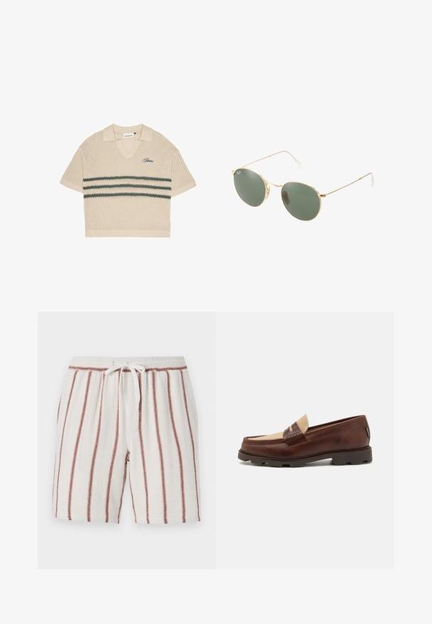 Beige knitted polo shirt with a V-neck, short sleeves, and green stripes across the chest. Features embroidered logo in blue.; Cotton shorts featuring a drawstring waist, cream background with vertical rust-colored stripes, textured fabric, and relaxed fit.; Brown leather loafers with a taupe canvas accent, stitched detail, and a textured rubber sole designed for comfort and durability.; Gold metal frame sunglasses with green lenses, round shape, thin temples, and white plastic accents on the tips of the arms.