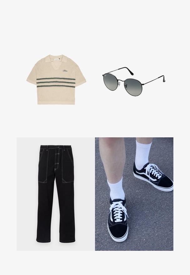 Beige strikket polo-skjorte med V-hals, korte ermer og grønne striper over brystet. Har brodert logo i blått.; Svarte bukser laget av slitesterkt stoff. Har kontrasterende hvite stikninger, flere lommer og et rett ben-design.; Sorte semskede sneakers med hvite detaljer og snøring, sammen med hvite ribbestrikkede ankelsokker, plassert på en teksturert grå overflate.; Sorte metallsolbriller med runde gradientlinser, med tynne stenger og klare nesepads for en komfortabel passform.