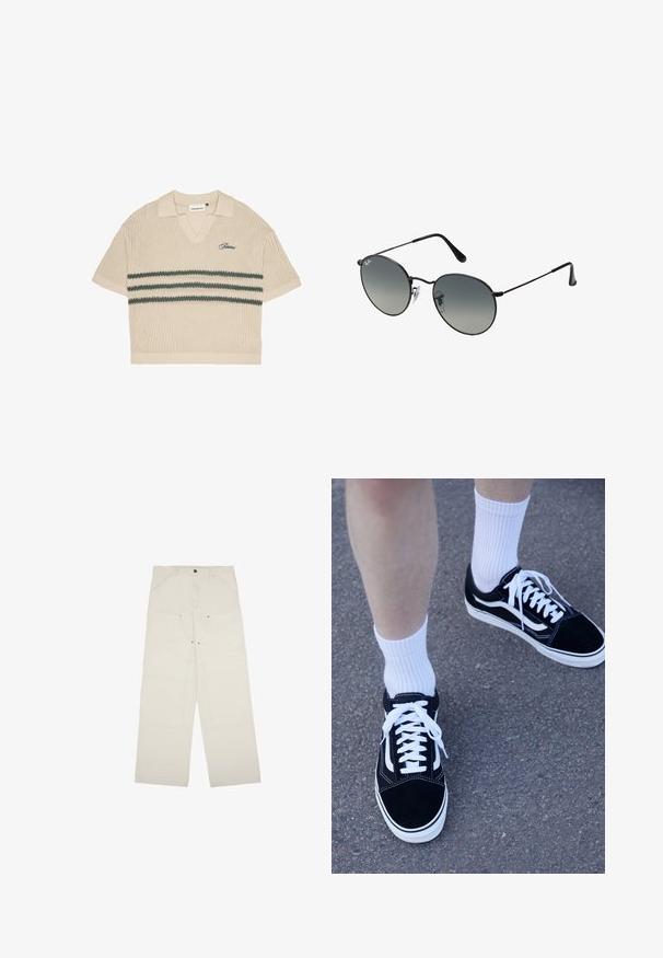 Beige gestricktes Polohemd mit V-Ausschnitt, kurzen Ärmeln und grünen Streifen über der Brust. Mit gesticktem Logo in Blau.; Helle beigefarbene weite Hose aus Baumwolle mit Fronttaschen, einem Ein-Knopf-Verschluss und sichtbaren Nähtsdetails.; Schwarze Wildleder-Sneaker mit weißen Akzenten und Schnürsenkeln, kombiniert mit weißen, gerippten Socken, auf einer strukturierten grauen Oberfläche platziert.; Schwarze Metal-Sonnenbrille mit runden, gradienten Gläsern, ausgestattet mit dünnen Bügeln und klaren Nasenpads für einen bequemen Sitz.
