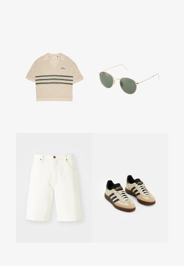 Bēša adīta polo krekls ar V veida kaklu, īsām piedurknēm un zaļām svītrām krūšu daļā. Iezīmēts ar izšūtu logo zilā krāsā.; Baltie denim šorti ar taisnu piegriezumu, klasisku piecu kabatu dizainu un vara pogu aizdari. Gluda tekstūra un apstrādātas malas.; Bežīgas zamša sporta kurpes ar melniem ādas akcentiem, baltām šņorēm un brūnu gumijas zoli. Katras puses trīs melnas svītras.; Zelta metāla rāmis saulesbrillēm ar zaļiem stikliem, apaļa forma, plānas kājiņas un baltas plastmasas akcenti uz roku galiem.