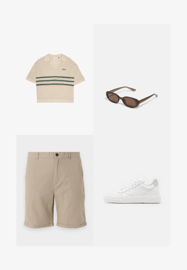 Beige gestricktes Polohemd mit V-Ausschnitt, kurzen Ärmeln und grünen Streifen über der Brust. Mit gesticktem Logo in Blau.; Beige Leinen-Shorts mit Knopfverschluss, flacher Front, Seitentaschen und umgeschlagenen Säumen, die aus einem strukturierten Stoff für Atmungsaktivität bestehen.; Weiße Leder-Sneaker mit glatter Oberfläche, rundem Zehenbereich, flachen Schnürsenkeln und strukturiertem Schuhsohlen. Graues Wildleder-Detail an der Ferse.; Braune ovale Sonnenbrillen mit dunklen Gläsern. Das Gestell besteht aus einem transparenten braunen Material und hat ein auf den Bügeln aufgedrucktes Logo.