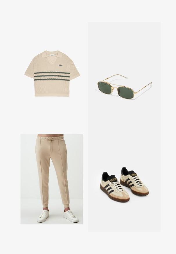 Beżowa dzianinowa koszulka polo z dekoltem w kształcie V, krótkimi rękawami i zielonymi paskami na klatce piersiowej. Wyposażona w haftowane logo w kolorze niebieskim.; Beżowe spodnie dresowe z elastycznym pasem na sznurek, bocznymi kieszeniami i ściągaczami przy kostkach. Gładki materiał z pionowymi przeszyciami. Noszone z białymi trampkami.; Beżowe zamszowe buty sportowe z czarnymi skórzanymi akcentami, białymi sznurowadłami i brązową gumową podeszwą. Trzy czarne pasy po każdej stronie.; Złote okulary przeciwsłoneczne z zielonymi soczewkami, o kanciastym kształcie i smukłych zausznikach. Projekt zawiera cienką oprawkę oraz subtelne logo na soczewce.