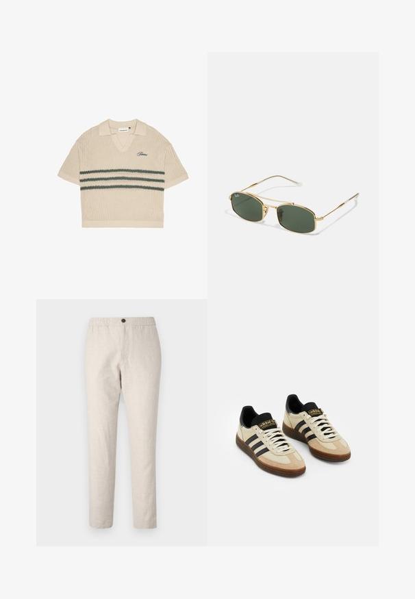 Bežinis mezginys polo marškinėliai su V formos iškirpte, trumpomis rankovėmis ir žaliais dryžiais per krūtinę. Yra mėlynai siuvinėtas logotipas.; Šviesiai smėlio spalvos lininės kelnės su elastingu juosmeniu, vienu sagos uždarymu ir paprastu, siauru dizainu.; Šviesiai rudos zomšos sportiniai bateliai su juodais odiniais akcentais, baltais raišteliais ir ruda guma išorėje. Kiekvienoje pusėje yra trys juodos juostos.; Aukso spalvos metaliniai akiniai su žaliais lęšiais, turintys kampuotą formą ir plonas kojeles. Dizainas apima ploną rėmą ir subtilų ženklinimą ant lęšių.