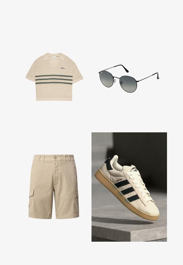Béžová pletená polo košeľa s výstrihom do V, krátkymi rukávmi a zelenými pruhmi cez hruď. Obsahuje vyšívané logo v modrej farbe.; Bežové cargo šortky vyrobené z bavlny. Obsahujú dve bočné vrecká, zapínanie na gombík a detaily s prešívaním. Rovno strihané nohavice.; Béžové semišové tenisky s tromi tmavomodrými pruhmi, bielymi šnúrkami a béžovou gumovou podrážkou. Obsahujú logo na jazyku a text "CAMPUS".; Čierne metalické slnečné okuliare s okrúhlymi gradientovými šošovkami, s tenkými stranami a priehľadnými nosovými poduškami pre pohodlné nosenie.