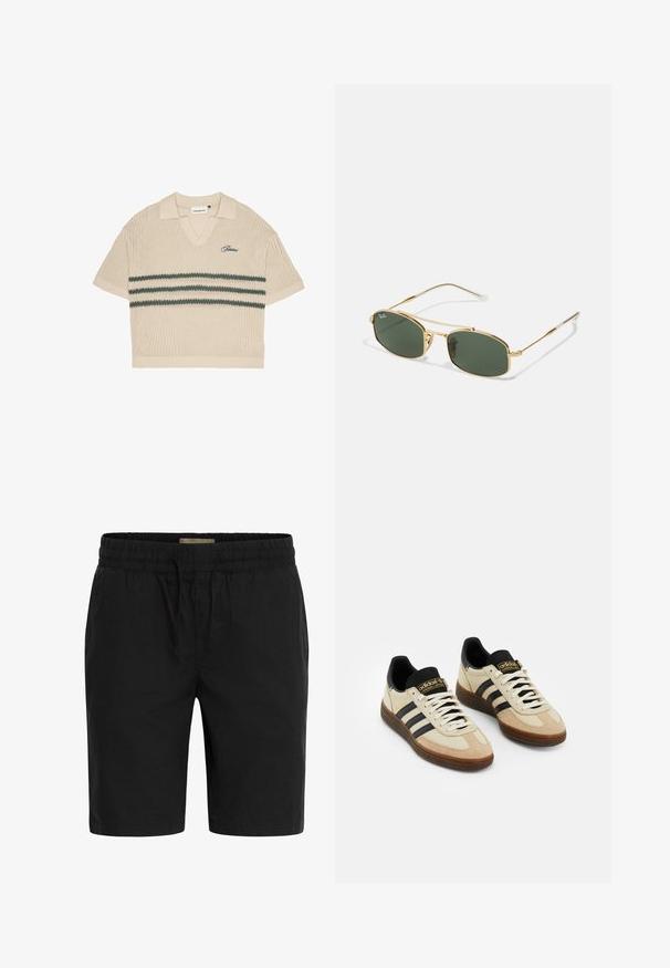 Bēša adīta polo krekls ar V veida kaklu, īsām piedurknēm un zaļām svītrām krūšu daļā. Iezīmēts ar izšūtu logo zilā krāsā.; Melni šorti, izgatavoti no viegla auduma, ar elastīgu jostasvīru un stringu, kā arī sānu kabatām ērtībai.; Bežīgas zamša sporta kurpes ar melniem ādas akcentiem, baltām šņorēm un brūnu gumijas zoli. Katras puses trīs melnas svītras.; Zelta metāla saulesbrilles ar zaļiem stikliem, kurām ir stūra forma un slaidas kājas. Dizains ietver plānu rāmi un smalku zīmolu uz stikla.