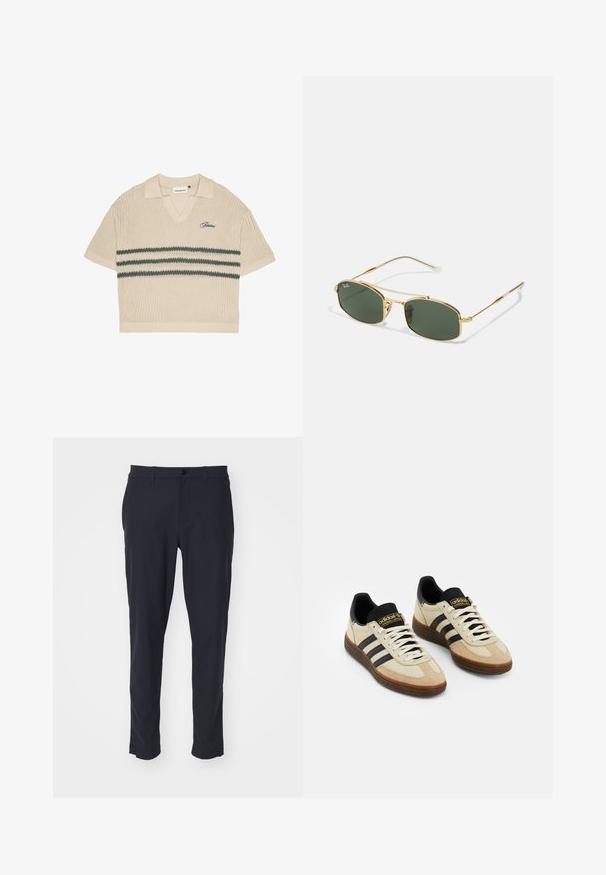 Beige pletená polokošile s výstřihem do V, krátkými rukávy a zelenými pruhy na hrudi. Obsahuje vyšívané logo v modré barvě.; Tmavě modré kalhoty s úzkým střihem vyrobené z hladké látky; mají zapínání na knoflík, poutka na opasek a boční kapsy.; Béžové semišové sportovní boty s černými koženými akcenty, bílými šňůrkami a hnědou gumovou podrážkou. Tři černé pruhy na každé straně.; Zlaté sluneční brýle s zelenými skly, vyznačující se ostrým tvarem a štíhlými nohami. Design zahrnuje tenký rám a decentní branding na skle.