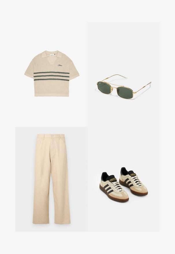 Bežinis mezginys polo marškinėliai su V formos iškirpte, trumpomis rankovėmis ir žaliais dryžiais per krūtinę. Yra mėlynai siuvinėtas logotipas.; Šviesiai rudos plačių kojų kelnės pagamintos iš džinsinio audinio su tekstūruotu paviršiumi, su priekyje esančia mygtukų uždarymo sistema ir klasikiniu penkių kišenių dizainu.; Šviesiai rudos zomšos sportiniai bateliai su juodais odiniais akcentais, baltais raišteliais ir ruda guma išorėje. Kiekvienoje pusėje yra trys juodos juostos.; Aukso spalvos metaliniai akiniai su žaliais lęšiais, turintys kampuotą formą ir plonas kojeles. Dizainas apima ploną rėmą ir subtilų ženklinimą ant lęšių.