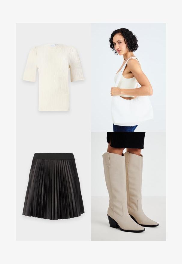 Rövid ujjú, krémszínű blúz texturált hullámmintával. Kerek nyakú és finoman gyűrött részletekkel az ujjaknál. Könnyű anyag.; Fekete, redőzött szoknya széles, elasztikus derékkal és sima, fényes textúrával az egész anyagon.; ONLY SHOES ONLBROOKE HIGH HEELED BOOT - Cowboy és motoros csizmák - beige; Fehér válltáska sima anyagból, ovális kivágással és széles pánttal. Egyszerű és modern, látható hardver nélkül.