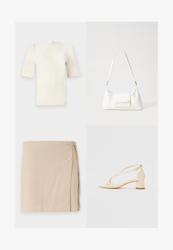Bluză cu mânecă scurtă, de culoare crem, cu un model texturat în valuri. Decolteu rotund și detalii subtile de plisare la mâneci. Material ușor.; Fustă înfășurată bej dintr-un material moale, cu două butoane din lemn și detaliu lateral legat. Textură netedă, design de lungime medie.; Sandale cu toc bej, cu toc pătrat, design cu barete și curea la gleznă ajustabilă, realizate dintr-un material sintetic neted cu finisaj mat.; Geantă sintetică albă, cu formă triangulară, capac frontal plat și detaliu cu fundă, curea ajustabilă, textură netedă și design minimalist.