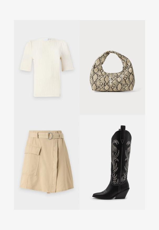 Lühikeste varrukatega koorevärvi pluus, millel on tekstuuriga laine muster. Ümar kaelus ja õlgade juures peened volangid. Kerge kangas.; Beez värvi puuvillane seelik, millel on küljetasku, vöökoht hõbedase rõngaga ja kerge A-line kuju. Sile tekstuur ja lihtne disain.; Mustad mustad nahast cowboy saapad terava ninaga, vööndkanna ja hõbedaste tikanditega lillemustritega varred. Kontrastõmblused üle kogu.; Musta käärmeprindiga kott kõveraga käepidemega. Valmistatud tekstiilsetest, beežidest ja pruunidest materjalidest, millel on iseloomulik rombikujuline muster.