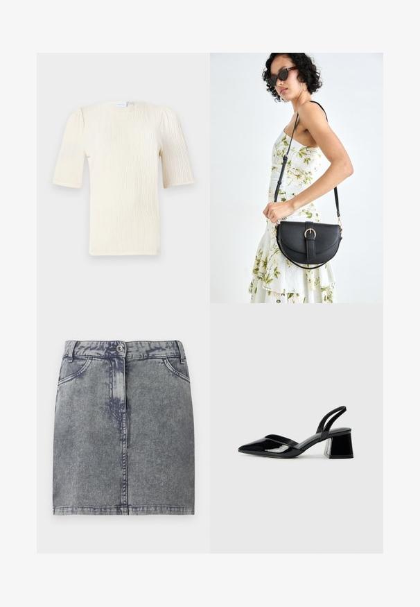 Rövid ujjú, krémszínű blúz texturált hullámmintával. Kerek nyakú és finoman gyűrött részletekkel az ujjaknál. Könnyű anyag.; Szürke farmer mini szoknya, elhalványított mosással, elülső zsebekkel, gombos záródással és egyenes szabással. Texturált anyag.; Fekete lakk bőr szandálkés magas sarkú cipő, hegyes orral és geometrikus tömbsarkakkal. Karcsú, minimalista dizájn és sima textúra jellemzi.; Fekete bőrtáska ívelt formával, levehető pánttal és arany színű fémrészekkel. A táskán egy csattal díszített fedél található.