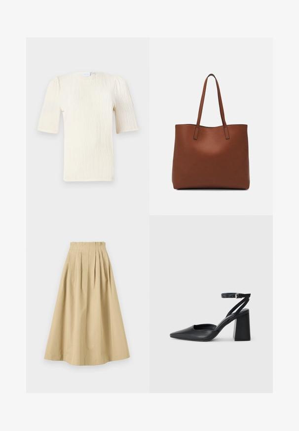 Bluză cu mânecă scurtă, de culoare crem, cu un model texturat în valuri. Decolteu rotund și detalii subtile de plisare la mâneci. Material ușor.; Fustă bej, până la genunchi, cu pliuri, realizată dintr-un material ușor. Are talie ajustată și textură netedă pe toată suprafața.; Pantofii cu toc ascuțit din piele neagră, cu breteaua pentru glezne și toc gros. Textură netedă, design elegant și estetică minimală.; Geantă de umăr din piele maro cu o textură netedă, design cu vârf deschis și două curele pentru umăr. Prezintă cusături minime și fără componente metalice vizibile.
