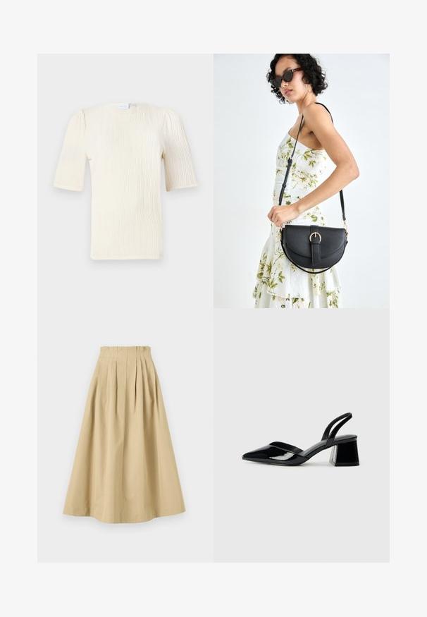 Short-sleeve, cream-colored blouse with a textured wave pattern. Round neckline and subtle gather details at sleeves. Lightweight fabric.; Beige, knee-length skirt with pleats, made of lightweight fabric. Features a fitted waistband and a smooth texture throughout.; Black patent leather slingback heels with a pointed toe and a geometric block heel. Features a sleek, minimal design and smooth texture.; Black leather handbag with a curved shape, detachable strap, and gold hardware. The bag features a flap with a buckle detail.
