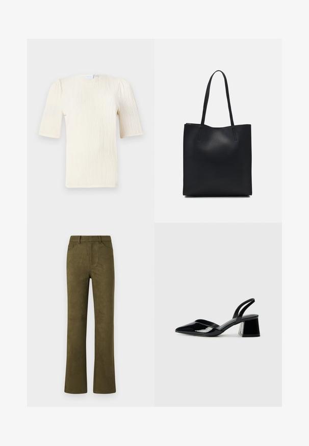 Blusa de manga curta, cor creme, com um padrão texturizado de ondas. Decote redondo e detalhes de franzido sutis nas mangas. Tecido leve.; Calças em camurça verde-oliva de perna reta com passantes para cinto, bolsos frontais e um bolso traseiro em fundo branco liso.; Sandy em verniz preto com salto slingback, ponta afilada e salto geométrico. Apresenta um design elegante e minimalista com textura suave.; Bolsa tote preta em couro com textura lisa, forma retangular e duas alças longas. Sem hardware ou enfeites visíveis.