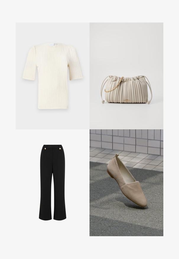 Rövid ujjú, krémszínű blúz texturált hullámmintával. Kerek nyakú és finoman gyűrött részletekkel az ujjaknál. Könnyű anyag.; Fekete, bő szárú nadrág, sima textúrával, magas derékkal, két aranyszínű gombbal és testre szabott fazonnal. Nincsenek látható zsebek.; Beige lapos cipő puha anyagból, hegyes orral és minimalista dizájnnal. Kisméretű sarokkal és hátul kis hurokkal rendelkezik.; Ráncolt krém színű kézitáska puha anyagból, fonott arany lánc részlettel és zsinóros záródással az állítható forma érdekében.
