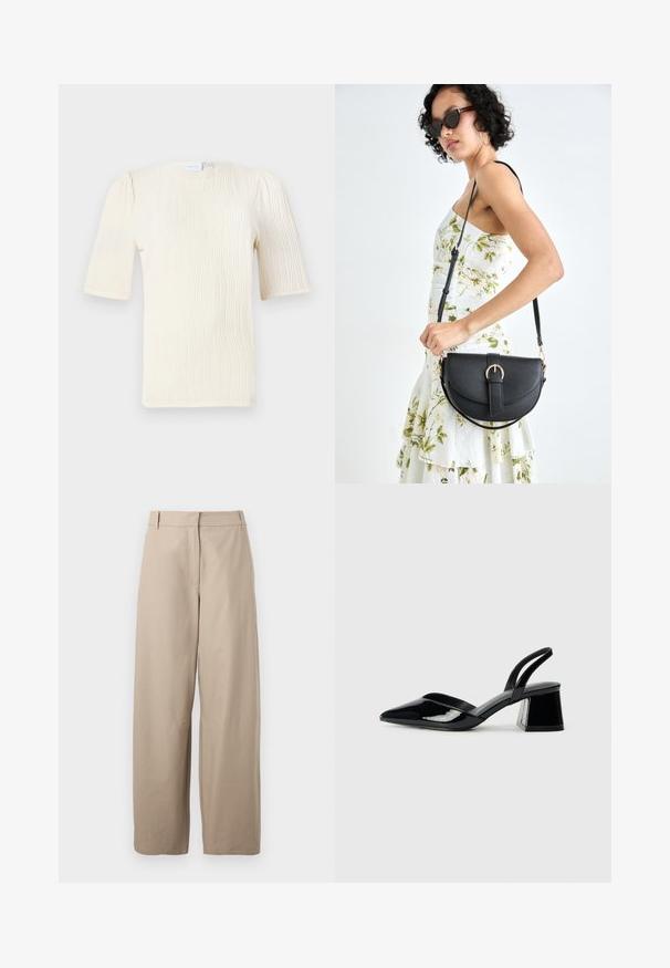 Short-sleeve, cream-colored blouse with a textured wave pattern. Round neckline and subtle gather details at sleeves. Lightweight fabric.; Beige, wide-leg trousers made of cotton. Features flat front, two side pockets, and a smooth texture. Simple, functional design.; Black patent leather slingback heels with a pointed toe and a geometric block heel. Features a sleek, minimal design and smooth texture.; Black leather handbag with a curved shape, detachable strap, and gold hardware. The bag features a flap with a buckle detail.