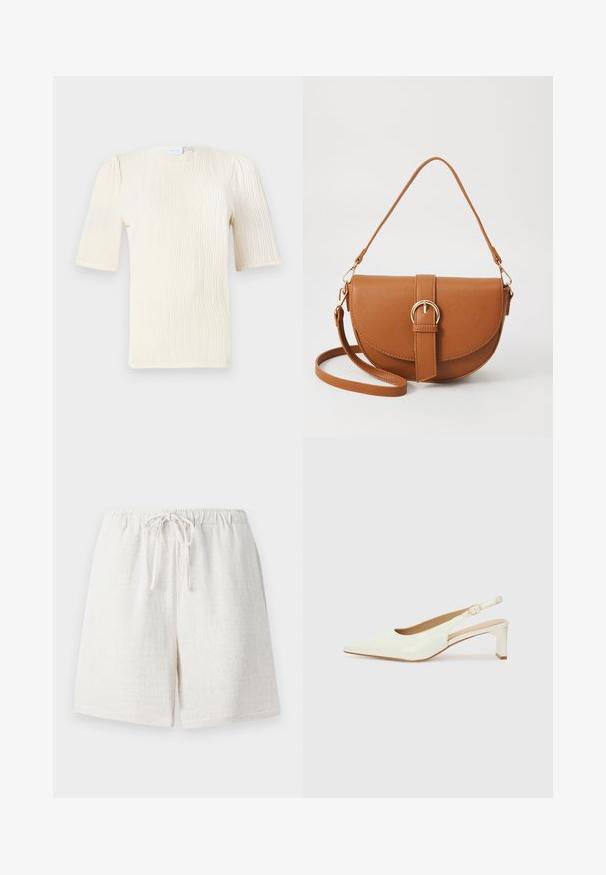 Īsām piedurknēm izgatavota krēmkrāsas blūze ar teksturētu viļņu rakstu. Apaļš dekoltē un smalki savilkti detaļas uz piedurknēm. Viegls audums.; Linsēta šorti krēmīgi balta krāsā ar elastīgu jostu un auklu. Iespējama teksturēta virsma un brīvas piegriezums.; Balta patent ādas sandale ar norādītu purngalu un zemu blokus papēdi. Satur smalku siksniņu ar zelta krāsas sprādzi.; Brūns ādas plecu soma ar izliekta formu, zelta piederumiem un sprādzes akcentu. Iesaiņota ar noņemamu plecu siksnu.