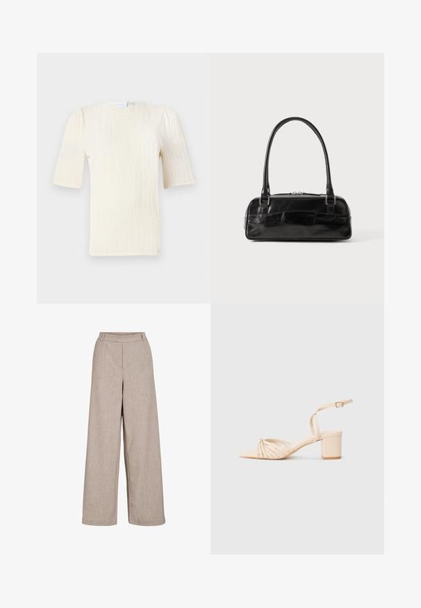 Bluzica s kratkimi rokavi v barvi smetane z teksturno valovito vzorcem. Okrogli izrez in subtilne gubice na rokavih. Lahkotna tkanina.; Bež široke hlače iz lahkega materiala. Imajo gladko teksturo, prilegajoč pas in stranske žepke za funkcionalen detajl.; Bež sandale s peto in vezalkami, kvadratnim nosom, zvitom sprednjim dizajnom, trakom okoli gležnja in blok peto. Gladka tekstura, minimalistični slog.; Črna usnjena torbica pravokotne oblike, z enim strukturiranim ročajem, srebrno okovje in zadrgo. Gladka tekstura.