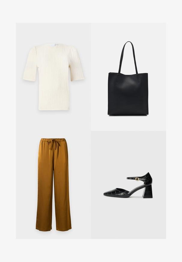Bluză cu mânecă scurtă, de culoare crem, cu un model texturat în valuri. Decolteu rotund și detalii subtile de plisare la mâneci. Material ușor.; Pantaloni largi din satin maro, cu talie elastică și șnur de ajustare. Textură fină și design complet lung, cu o croială lejeră.; Pantofii negri din piele lăcuită cu toc înalt, vârf ascuțit, curea la gleznă și model texturat de crocodil. Design cu toc pătrat.; Geantă tote neagră din piele, cu textură netedă, formă rectangulară și două mânere lungi. Fără hardware vizibil sau ornamente.