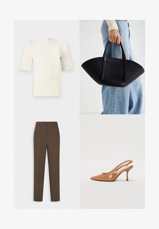 Bluzka z krótkim rękawem w kolorze kremowym, z teksturowanym wzorem fal. Okrągły dekolt i subtelne marszczenia przy rękawach. Lekka tkanina.; Proste brązowe spodnie o nogawkach prostych z paskiem i pojedynczym zapięciem z przodu, prezentowane na białym tle.; Sandały na obcasie z kwadratowym noskiem, wykonane z gładkiego, błyszczącego materiału w kolorze brązowym. Charakteryzują się zaokrąglonym wycięciem i smukłym obcasem typu stiletto. Detal w postaci srebrnej klamry.; Czarna skórzana torebka w unikalnym kształcie wachlarza, z płaskimi uchwytami. Powierzchnia ma fakturę kamyków i minimalistyczny design.