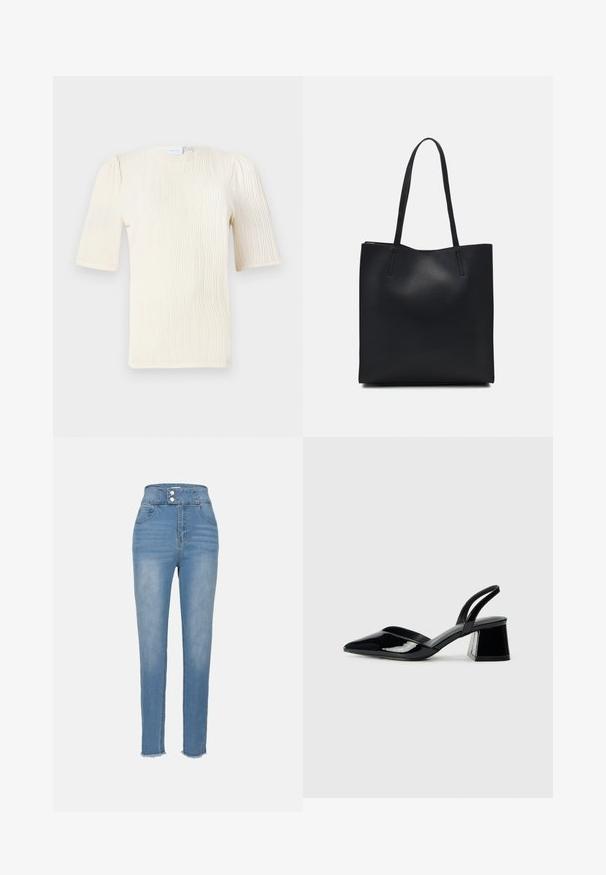 Blusa de manga curta, cor creme, com um padrão texturizado de ondas. Decote redondo e detalhes de franzido sutis nas mangas. Tecido leve.; Jeans de ganga azul de cintura alta com fecho de botão, bolsos frontais e uma bainha ligeiramente desfiada. Textura suave e design de perna justa.; Sandy em verniz preto com salto slingback, ponta afilada e salto geométrico. Apresenta um design elegante e minimalista com textura suave.; Bolsa tote preta em couro com textura lisa, forma retangular e duas alças longas. Sem hardware ou enfeites visíveis.