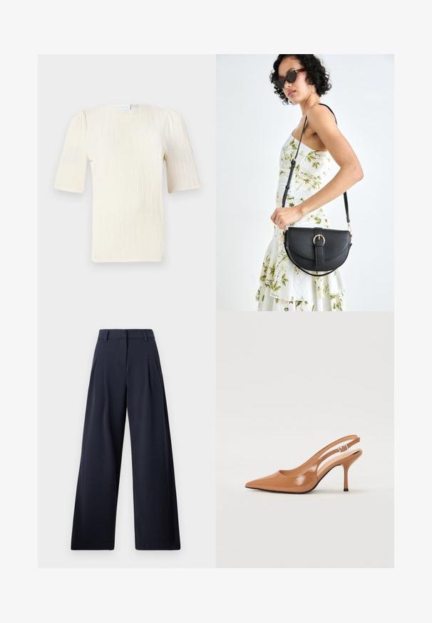 Īsām piedurknēm izgatavota krēmkrāsas blūze ar teksturētu viļņu rakstu. Apaļš dekoltē un smalki savilkti detaļas uz piedurknēm. Viegls audums.; Tumši zili plaši bikses ar gludu tekstūru, ar priekšējiem krokām un klasisku jostasvietu, paredzētas atvieglinātai piegrieztnei.; Izteikts pirksta siksnas zābaks, izgatavots no gludas, spīdīgas brūnas materiāla. Piedāvā izliekta izgriezuma dizainu un smalku stiletto papēdi. Sudraba sprādze.; Melnas ādas rokassoma ar izliekta formu, noņemamu siksnu un zelta aksesuāriem. Somai ir vāciņš ar sprādzes detaļu.