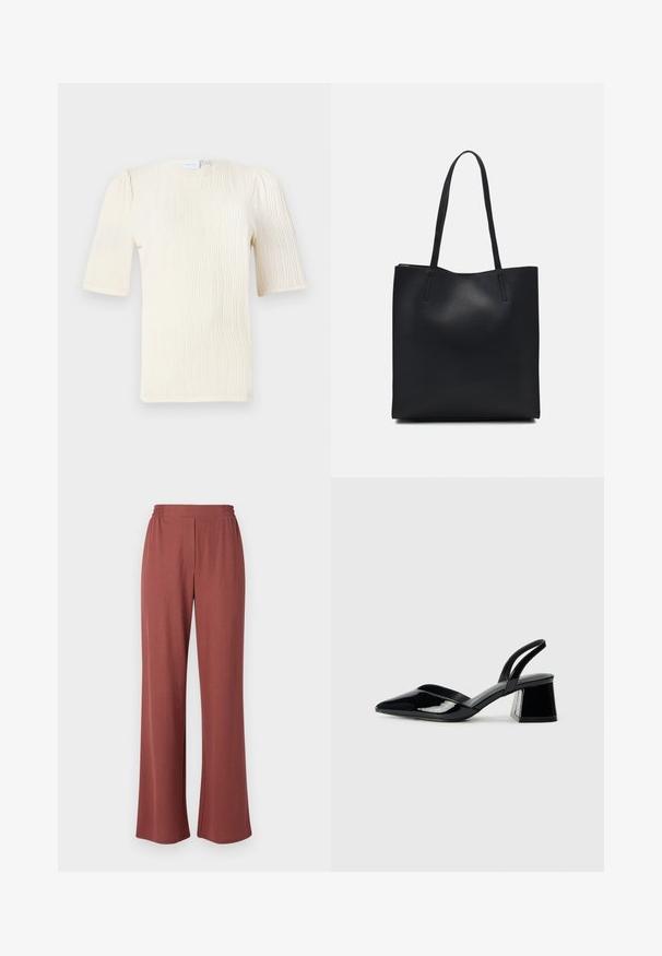Rövid ujjú, krémszínű blúz texturált hullámmintával. Kerek nyakú és finoman gyűrött részletekkel az ujjaknál. Könnyű anyag.; Széles lábú nadrág vörösbarna anyagból. Gumis derékkal rendelkezik és sima tapintású. Nincsenek látható minták vagy díszítések.; Fekete lakk bőr szandálkés magas sarkú cipő, hegyes orral és geometrikus tömbsarkakkal. Karcsú, minimalista dizájn és sima textúra jellemzi.; Fekete bőrtáska sima felszínnel, téglalap alakú, két hosszú füllel. Nincs látható fémkiegészítő vagy díszítés.