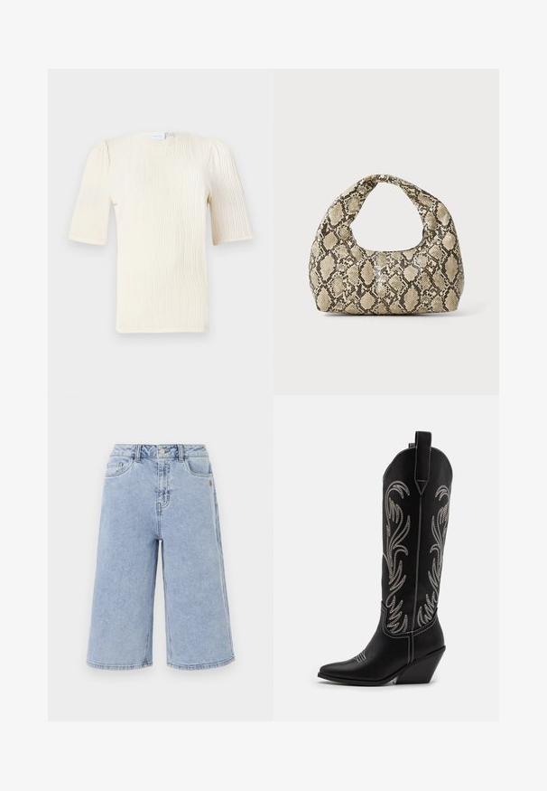 Īsām piedurknēm izgatavota krēmkrāsas blūze ar teksturētu viļņu rakstu. Apaļš dekoltē un smalki savilkti detaļas uz piedurknēm. Viegls audums.; Object OBJISR BERMUDA - Džinsa auduma šorti - medium blue denim; Melnas ādas kovboju zābakus ar norādītām pirkstiem, sānām paceltu papēdi un sudraba izšūtām ziedu rakstiem gar zābaka kāju. Kontrasta dūrieni visā zābakā.; Čūsku raksta soma ar izliekto rokturi. Izgatavota no teksturētiem, bēšiem un brūniem materiāliem, ar izteiksmīgu dimanta rakstu.