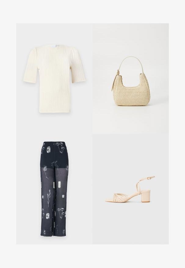Kurzärmlige, cremefarbene Bluse mit strukturiertem Wellenmuster. Rundhalsausschnitt und subtile Raffungen an den Ärmeln. Leichter Stoff.; Marineblaue Hose mit elastischem Bund, verziert mit Blumen- und Pilzmotiven in Weiß. Hergestellt aus leichtem, transparentem Stoff mit fließendem Design.; Beige Riemensandalette mit quadratischer Zehenpartie, gedrehtem Vorderdesign, Knöchelriemen und Blockabsatz. Glatte Textur, minimalistischer Stil.; Beige geflochtene Strohtasche mit geschwungener Form, einem kurzen Griff und einem seitlichen Reißverschluss. Verfügt über eine strukturierte Oberfläche und ein minimalistisches Design.