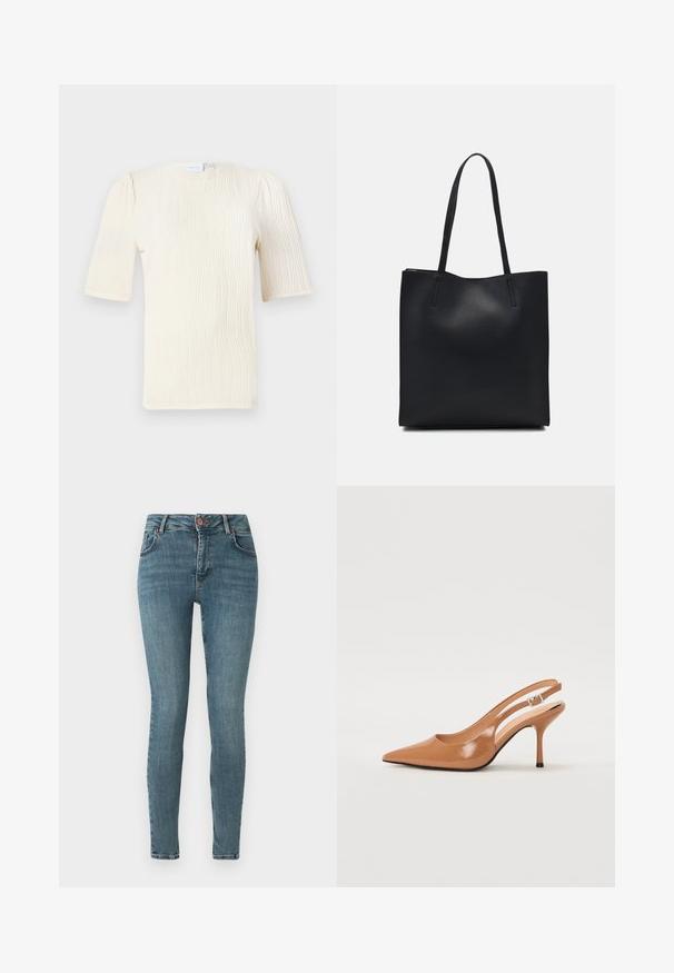 Rövid ujjú, krémszínű blúz texturált hullámmintával. Kerek nyakú és finoman gyűrött részletekkel az ujjaknál. Könnyű anyag.; Közép kék denim skinny farmernadrág. Klasszikus ötpocket dizájn, elöl gombos záródással és finom kopásokkal. Sima textúrájú.; Fingerszűk, hegyes orrú, háttámlás sarokcipő sima, fényes barnás anyagból. Íves kivágású dizájn és karcsú stiletto sarkú. Ezüst csattal ellátva.; Fekete bőrtáska sima felszínnel, téglalap alakú, két hosszú füllel. Nincs látható fémkiegészítő vagy díszítés.
