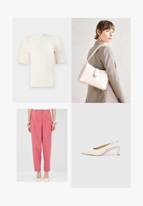 Blusa de manga corta color crema con un patrón de olas texturizado. Escote redondo y detalles de fruncido sutil en las mangas. Tejido ligero.; Pantalones ajustados color rosa claro con pliegues frontales y cierre de botón, con un corte holgado y bolsillos. Combinados con tacones blancos de punta.; Zapato slingback de charol blanco con punta afilada y un tacón bajo tipo bloque. Presenta una correa sutil con un detalle de hebilla en tono dorado.; Bolso de mano de cuero blanco con un diseño estructurado, que presenta un cierre magnético y una correa para el hombro, exhibido sobre un fondo neutro.