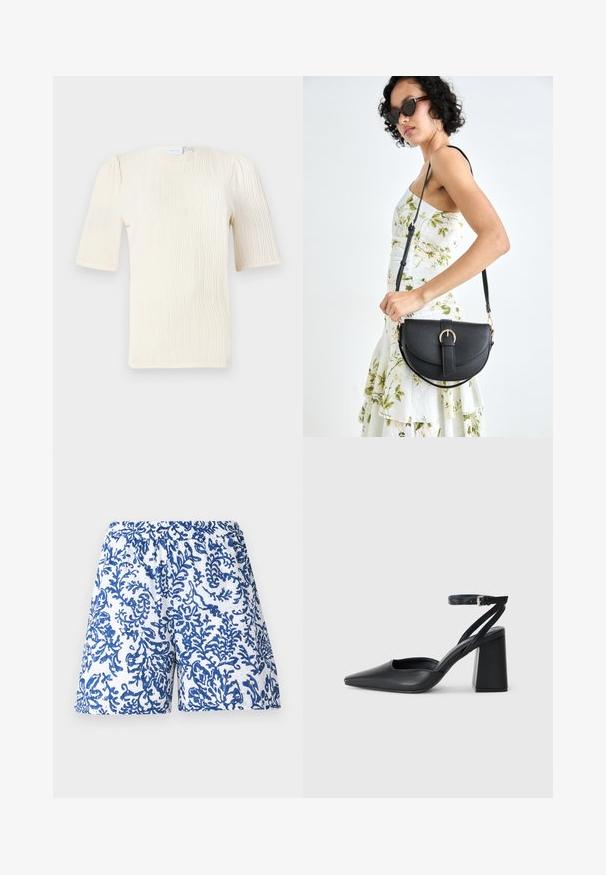 Blusa de manga curta, cor creme, com um padrão texturizado de ondas. Decote redondo e detalhes de franzido sutis nas mangas. Tecido leve.; Calções impressos em tecido branco com um padrão de coral azul. Cintura elástica, corte solto e textura suave.; Sandal com biqueira afilada em couro preto, com cinta no tornozelo e salto grosso. Textura lisa, design elegante e estética minimalista.; Bolsa de couro preta com forma curva, alça destacável e detalhes em dourado. A bolsa possui uma aba com detalhe de fivela.