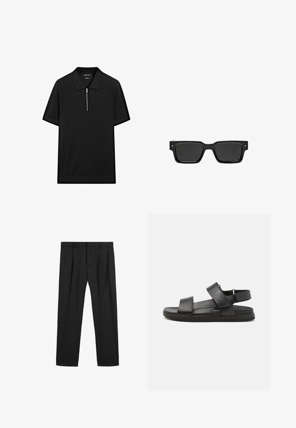 Czarna koszulka polo z krótkim rękawem, z kołnierzykiem stójkowym i zamkiem błyskawicznym z przodu. Wykonana z gładkiego materiału o czystym, minimalistycznym designie.; Czarne plisowane spodnie wykonane z gładkiego materiału, z tradycyjnym pasem w talii i prostymi nogawkami. Brak widocznych wzorów lub okucia.; Czarne skórzane sandały mają dwa szerokie paski na stopie, regulowany pasek na pięcie oraz teksturowaną gumową podeszwę zapewniającą przyczepność.; Czarne prostokątne okulary przeciwsłoneczne z ciemnymi soczewkami, błyszcząca plastikowa oprawka i małe akcenty z logo na zausznikach. Płaski profil i ostre krawędzie.