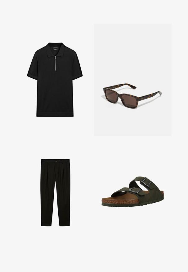 Černé polo tričko s krátkým rukávem, stojatým límečkem a předním zipem. Vyrobeno z hladké tkaniny s čistým, minimalistickým designem.; Černé oblekové kalhoty vyrobené z hladké tkaniny. Mezi další vlastnosti patří rovný přední díl, široké nohavice a zapínání na knoflík v pase.; Zelené nazouvací sandály s dvěma nastavitelnými popruhy, korkovou stélkou a gumovou podrážkou. Obsahují stříbrné spony a strukturovaný vrchní materiál.; Sluneční brýle Gucci se čtvercovými, želvovinovými plastovými obroučkami a hnědými čočkami. Obsahují jemné branding na spáncích.