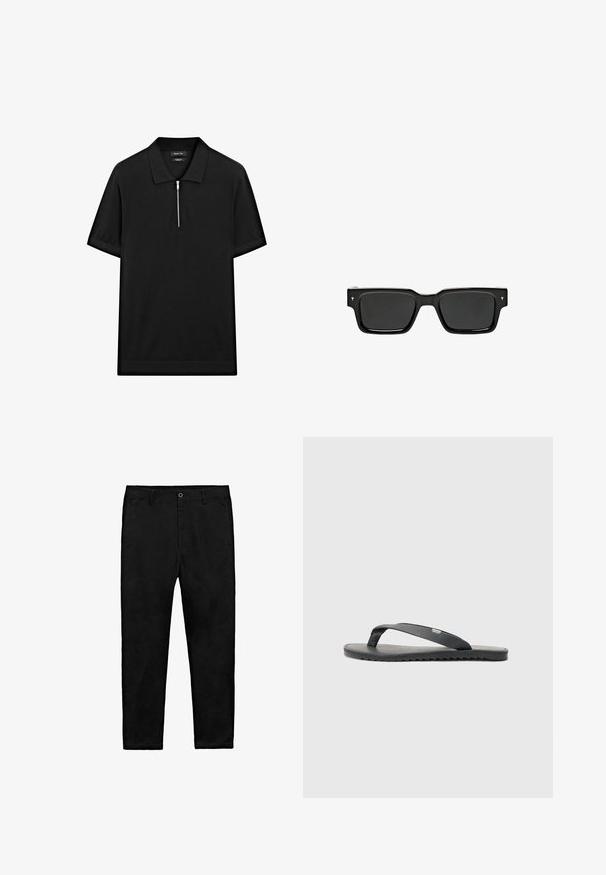 Černé polo tričko s krátkým rukávem, stojatým límečkem a předním zipem. Vyrobeno z hladké tkaniny s čistým, minimalistickým designem.; Černé rovné kalhoty s knoflíkovým zapínáním, poutky na opasek a bočními kapsami, rozložené na bílé ploše.; Černé žabky s texturovanými popruhy, plochou podrážkou a zoubkovaným okrajem. Vyrobené z gumy s hladkým povrchem a minimalistickým designem.; Černé obdélníkové sluneční brýle s tmavými skly, lesklým plastovým rámem a malými podpisovými prvky na spáncích. Plný profil a ostré rohy.