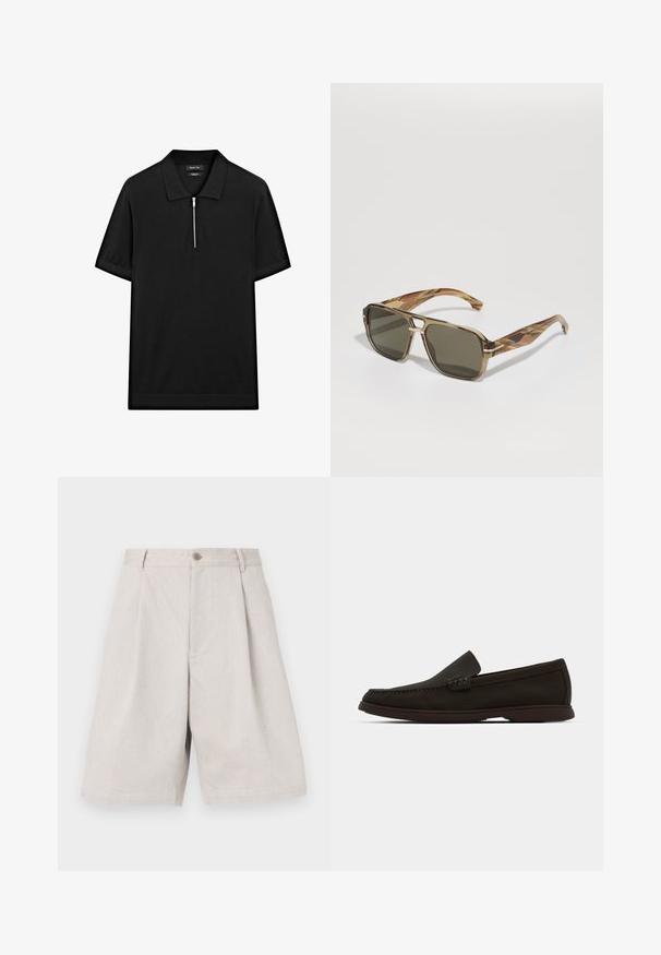 Zwarte polo met korte mouwen, een staande kraag en een rits aan de voorkant. Gemaakt van een gladde stof met een schoon, minimalistisch ontwerp.; Lichtgrijze linnen shorts met een wijdbenen ontwerp, voorzien van een sluiting met een frontknop en subtiele plooien voor extra textuur.; Donkerbruin suède instaploafers met een gestikte neus, een lage rubberen zool en textuuraccenten op de bovenzijde.; BOSS Zonnebril - brown