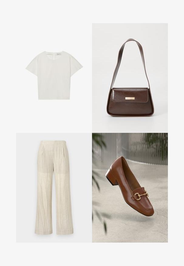 Kurzes, cremefarbenes Oberteil mit einem Schiffsausschnitt, ausgestattet mit einem Reißverschluss hinten und einem leicht lockeren Schnitt. Der Stoff hat eine glatte, matte Textur.; Cremfarbene, weit geschnittene Hose aus strukturiertem Stoff. Sie hat Falten und einen glatten Bund. Keine sichtbaren Taschen oder Verzierungen.; Braune Lackleder-Loafer mit quadratischer Zehenpartie, metallischem Kettenakzent und niedrigem Blockabsatz; glatte Textur, minimalistisches Design.; Braune Lederschultertasche mit strukturierter Form, ausgestattet mit einem magnetischen Klappenverschluss und einem metallischen Logoakzent auf der Vorderseite.