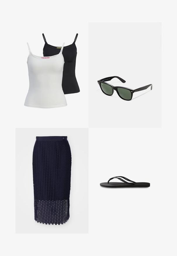 Du mieli baziniai rankovių marškiniai juodos ir baltos spalvų, pagaminti iš lygaus, elastingo audinio. Turi plonas petnešėles ir paprastą, prigludusį dizainą.; Tamsiai mėlyna megzta pieštuko sijonas su tekstūriniu raštu, raukšlėta juosmens dalimi ir hemu su trikampiais išpjovimais.; Juodos šlepetės su tekstūruotu guminio pado, dviem siauromis dirželių ir subtiliu, įspaustu logotipo detalė ant dirželio.; Juodi plastikiniai saulės akiniai su žaliais objektyvais, kvadratiniais rėmeliais, sidabriniu akcentu ant antakio ir tekstūruotais šventyklų šakutėmis. Vidinėje šakutėje nurodyta prekės ženklo pavadinimas.; Juoda odinė rankinė su susiraukšlėjusiu viršumi, su dviem trumpomis rankenėlėmis ir ilga reguliuojama juosta. Lygus paviršius, apvalios formos.