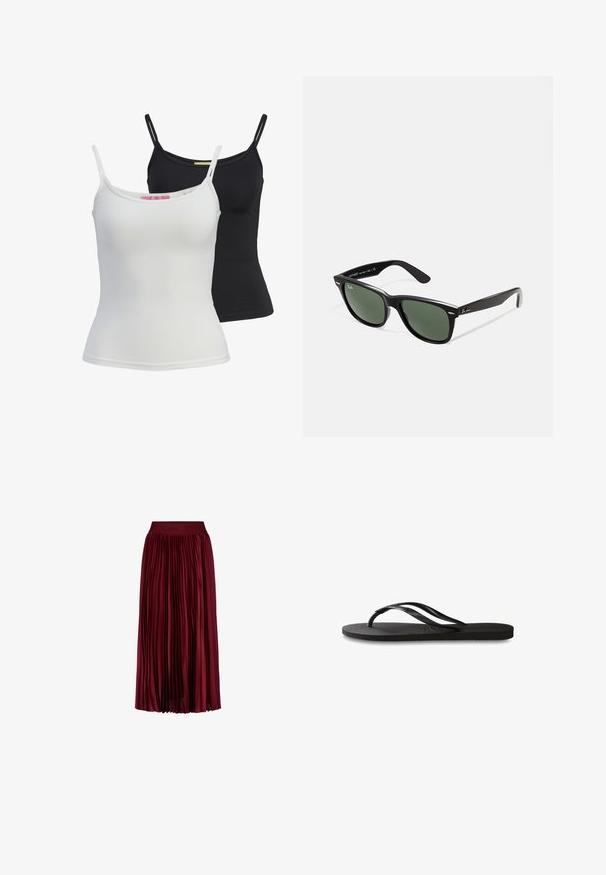 Kaksi perus toppia mustana ja valkoisena, valmistettu sileästä, joustavasta kankaasta. Ominaisuuksiin kuuluu ohuet hihnat ja yksinkertainen, istuva muotoilu.; Burgundy pleated midi-hame, jossa on joustava vyötärö ja hienovarainen kohokuvioitu brändinimi.; Mustat flip-flopit, joissa on röpelöinen kumipohja, kaksi hoikkaa remmiä ja hillitty, kohokuvioitu logotyyli remmissä.; Mustat muoviset aurinkolasit, joissa on vihreät linssit, neliönmuotoiset kehykset, hopeinen yksityiskohta kulmakarvojen kohdalla sekä tekstuuriset temppeleiden varret. Brändi ilmoitettu sisävarsissa.; Pouch hitam kecil dari kulit glossy dengan tali serut dan pegangan pendek di latar belakang abu-abu muda.