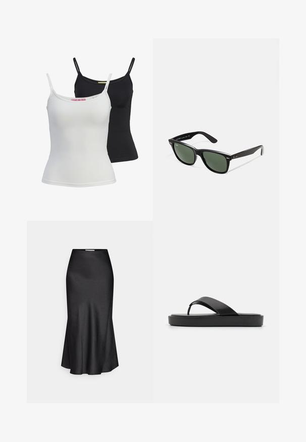 Twee basis tanktops in zwart en wit, gemaakt van een gladde, rekbare stof. Voorzien van dunne bandjes en een eenvoudig, getailleerd ontwerp.; DRYKORN NEVIDA - Maxirok - black; Zwarte flip-flop sandalen met een soepele bovenband en een gestructureerde platformzool. Minimalistisch ontwerp met een laag profiel.; Zwarte plastic zonnebril met groene lenzen, vierkante montuur, zilveren accent op de wenkbrauw en een gestructureerde tempel. Merken vermeld op de binnenkant van de arm.