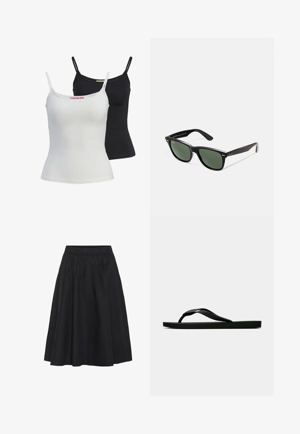 To enkle tanktoppe i sort og hvid, lavet af et glat, strækbart stof. De har tynde stropper og et enkelt, tætsiddende design.; Sort nederdel med elastisk talje, flared design, knælængde, lavet af glat stof, med minimale syninger.; Sorte gummiflip-flopsandaler med en tekstureret rem og simpel flad sål, vist fra siden på en lys ensfarvet baggrund.; Sorte plastiksolkaber med grønne linser, firkantede stel, sølvaccent på brynene og teksturerede templede arme. Angivet mærke på den indre arm.