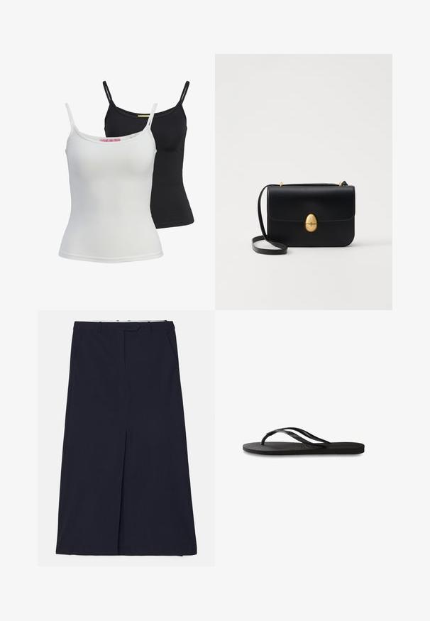 Två basala linnen i svart och vitt, tillverkade av ett mjukt, stretchigt material. Har tunna axelband och en enkel, figurnära design.; DESIGNERS REMIX SCOTT LONG SKIRT - Maxikjol - navy; Svart flip-flop med en texturerad gummisula, två slanka remmar och en subtil, präglad logodetalj på remmen.; Svart läderhandväska med en strukturerad rektangulär form. Har ett gyllene ovalt lås och ett tunt axelband. Slät textur.