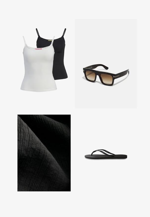 Zwei grundlegende Tanktops in Schwarz und Weiß, aus einem glatten, dehnbaren Stoff. Mit dünnen Trägern und einem schlichten, taillierten Design.; Texturiertes schwarzes Gewebe mit einem subtilen gerippten Muster, leicht reflektierend, das in Falten fällt und seine Tiefe sowie taktile Qualität verstärkt.; Schwarze Flip-Flops mit einer strukturierten Gummisohle, zwei schlanken Riemen und einem dezenten, geprägten Logo-Detail auf dem Riemen.; Schildpatt-Sonnenbrille mit quadratischem Rahmen, braunen verlaufenden Gläsern und subtilen goldfarbenen Hardware-Details an den Bügeln.; Braune Wildleder-Tote mit zwei weichen Griffen, einem vertikalen Riemen mit silbernem Akzent und einem weiten, offenen oberen Bereich. Glatte Textur, minimalistisches Design.