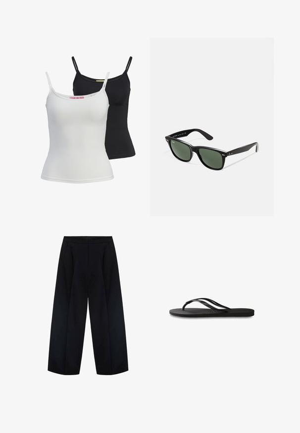 Dvě základní tílka v černé a bílé barvě, vyrobená z hladké, elastické látky. Mají tenké ramínka a jednoduchý, přiléhavý střih.; Černé kalhoty širokého střihu z tkaného materiálu, s vysokým pasem a dvěma předními kapsami. Hladká textura s čistými liniemi.; Černé žabky s texturovanou gumovou podrážkou, dvěma štíhlými popruhy a jemným, embosovaným logem na popruhu.; Černé plastové sluneční brýle se zelenými skly, čtvercové obroučky, stříbrný detail na obočí a texturované stranice. Značka uvedená na vnitřní straně stranic.; Černá kožená kabelka se strukturovaným obdélníkovým tvarem. Obsahuje zlatou oválnou sponu a tenký ramenní popruh. Hladký povrch.