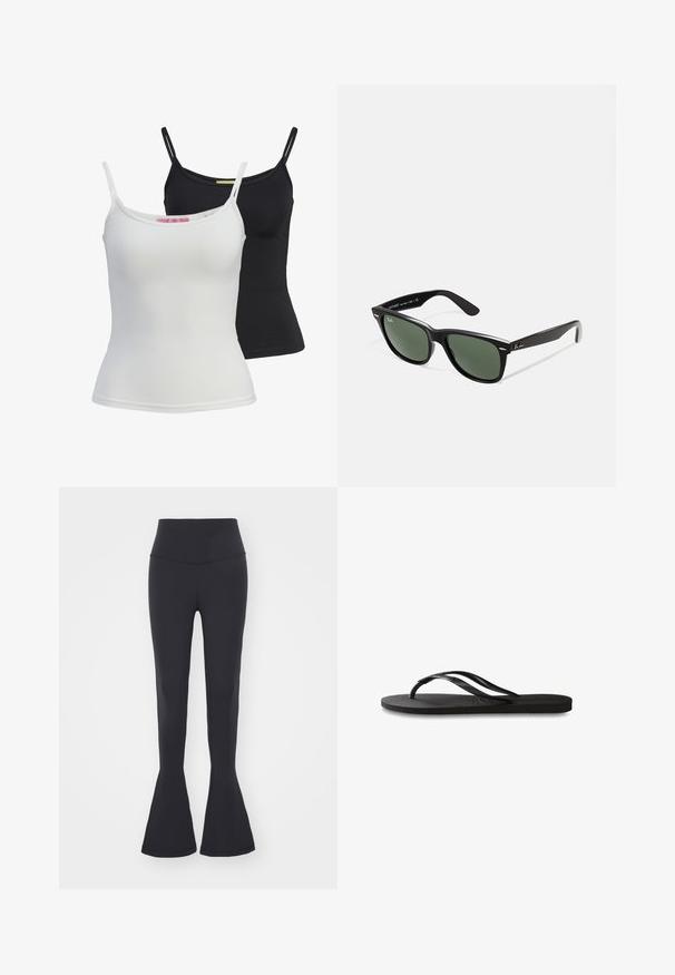 Twee basis tanktops in zwart en wit, gemaakt van een gladde, rekbare stof. Voorzien van dunne bandjes en een eenvoudig, getailleerd ontwerp.; Zwarte flared legging met een hoge tailleband, gemaakt van rekbaar materiaal. Glad textuur met een aansluitende pasvorm en flared zoom.; Zwarte flip-flop met een gestructureerde rubberen zool, twee slanke banden en een subtiele, ingedrukte logo-detail op de band.; Zwarte plastic zonnebril met groene lenzen, vierkante montuur, zilveren accent op de wenkbrauw en een gestructureerde tempel. Merken vermeld op de binnenkant van de arm.; Kleine zwarte glanzende leren trekkoord portefeuille met korte handvaten op een lichtgrijze achtergrond.