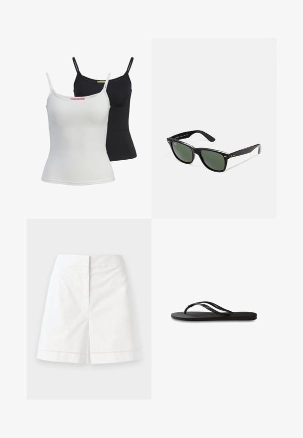 Duas camisolas básicas em preto e branco, feitas de um tecido liso e elástico. Apresentam alças finas e um design simples e ajustado.; Calções de algodão brancos com corte reto, apresentando uma textura suave, bolsos traseiros e um ponto decorativo ao longo da bainha.; Chinelo preto com sola de borracha texturizada, duas tiras finas e um detalhe de logotipo discreto em relevo na tira.; Óculos de sol de plástico preto com lentes verdes, armações quadradas, detalhe prateado na sobrancelha e hastes texturizadas. Marca indicada na parte interna da haste.; Bolsa de mão em couro preto com uma forma rectangular estruturada. Apresenta um fecho oval dourado e uma alça para o ombro fina. Textura suave.