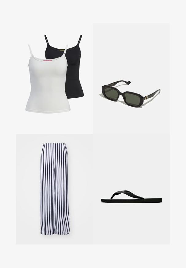 Two basic tank tops in black and white, made of a smooth, stretch fabric. Features thin straps and a simple, fitted design.; Wide-leg trousers in white and navy vertical stripes. Made of lightweight fabric with a smooth texture and an elastic waistband.; Black rubber flip-flop sandal with a textured thong strap and simple flat sole, shown from side on a plain light background.; Black rectangular sunglasses with solid green lenses, featuring a glossy finish and a gold logo accent on the side.