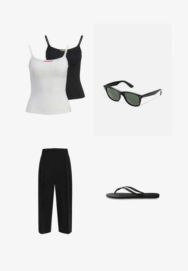 Divi pamata tanki melnā un baltā krāsā, izgatavoti no gluda, stiepjama auduma. Iekļauj plānas siksnas un vienkāršu, pieguļošu dizainu.; Melnas bikses ar augstu vidukli, kantaino priekšpusi un taisnu kāju dizainu. Izgatavotas no gludas auduma ar tīru apdari un bez redzamām detaļām.; Melni čības ar teksturētu gumijas zoli, divām plānām siksniņām un smalku, iespiedotu logotipa detaļu uz siksniņas.; Melnas plastmasas saulesbrilles ar zaļiem lēciem, kvadrātveida rāmjiem, sudrabainu akcentu uz uzacīm un teksturētām tempļu kājām. Zīmols norādīts uz iekšējās kājas.