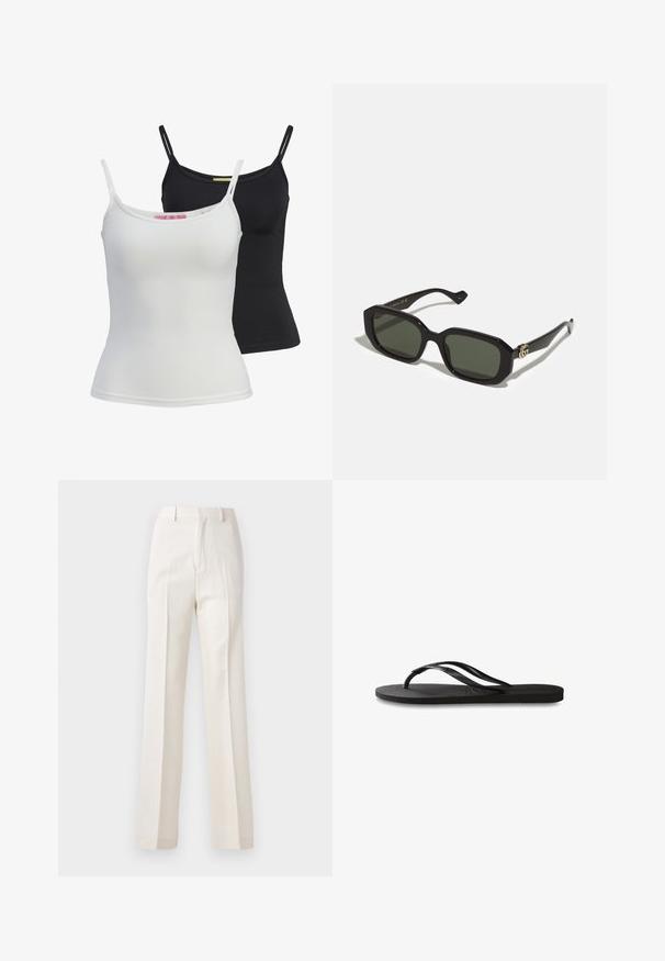 Two basic tank tops in black and white, made of a smooth, stretch fabric. Features thin straps and a simple, fitted design.; White, wide-leg trousers with a smooth texture, featuring front pleats and a classic waistband, designed for a polished look.; Black flip-flop featuring a textured rubber sole, two slender straps, and a subtle, embossed logo detail on the strap.; Black rectangular sunglasses with solid green lenses, featuring a glossy finish and a gold logo accent on the side.; Black leather handbag with a structured rectangular shape. Features a golden oval clasp and a thin shoulder strap. Smooth texture.